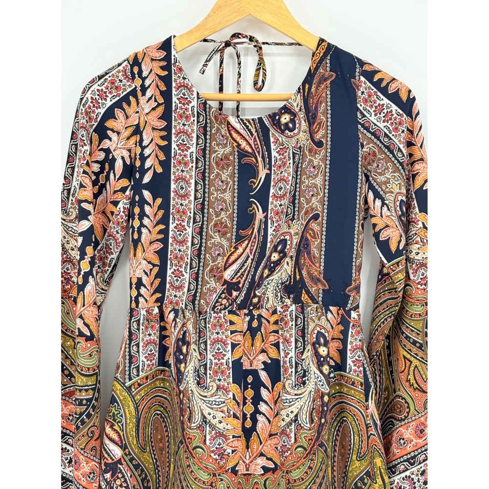Sage the Label Paisley Open Back Bell sleeves Mini Dress Small Boho Retro Navy - Picture 4 of 8